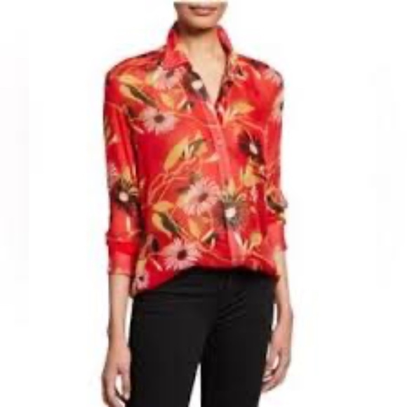 Equipment Daddy Floral Red Silk Sheer Button Down Blouse Women's Size XS - Picture 1 of 16